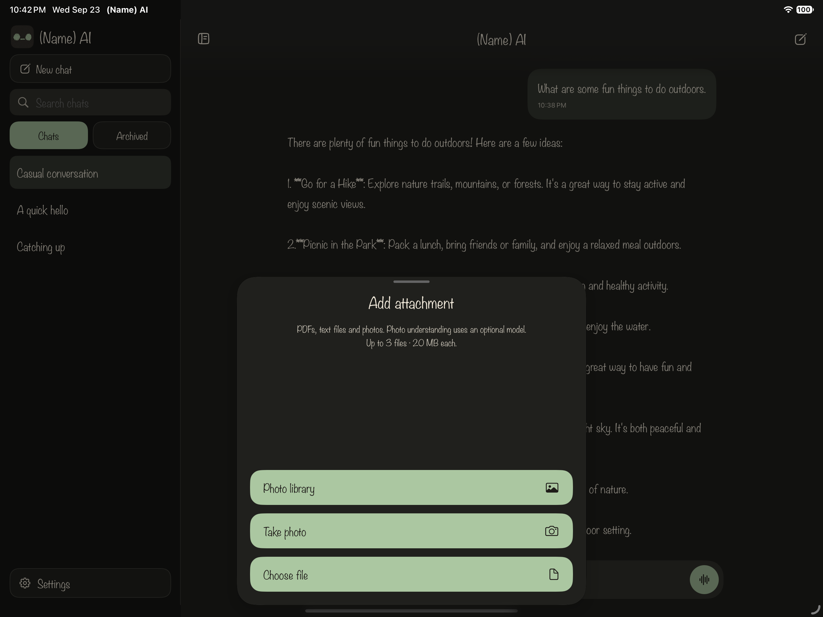 Photo library, Take photo and Choose file actions in the app