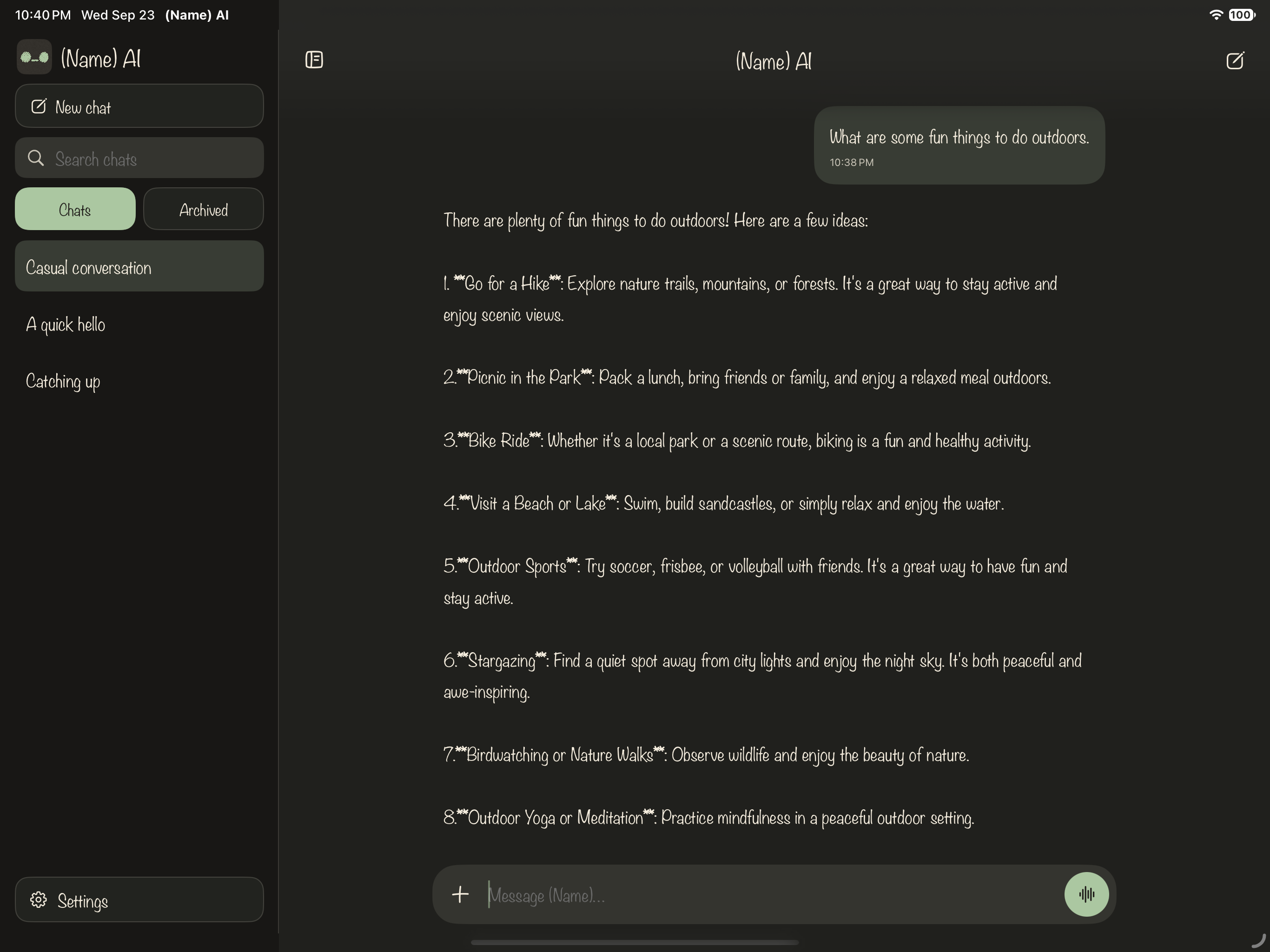 A conversation and sidebar in Name AI on iPad