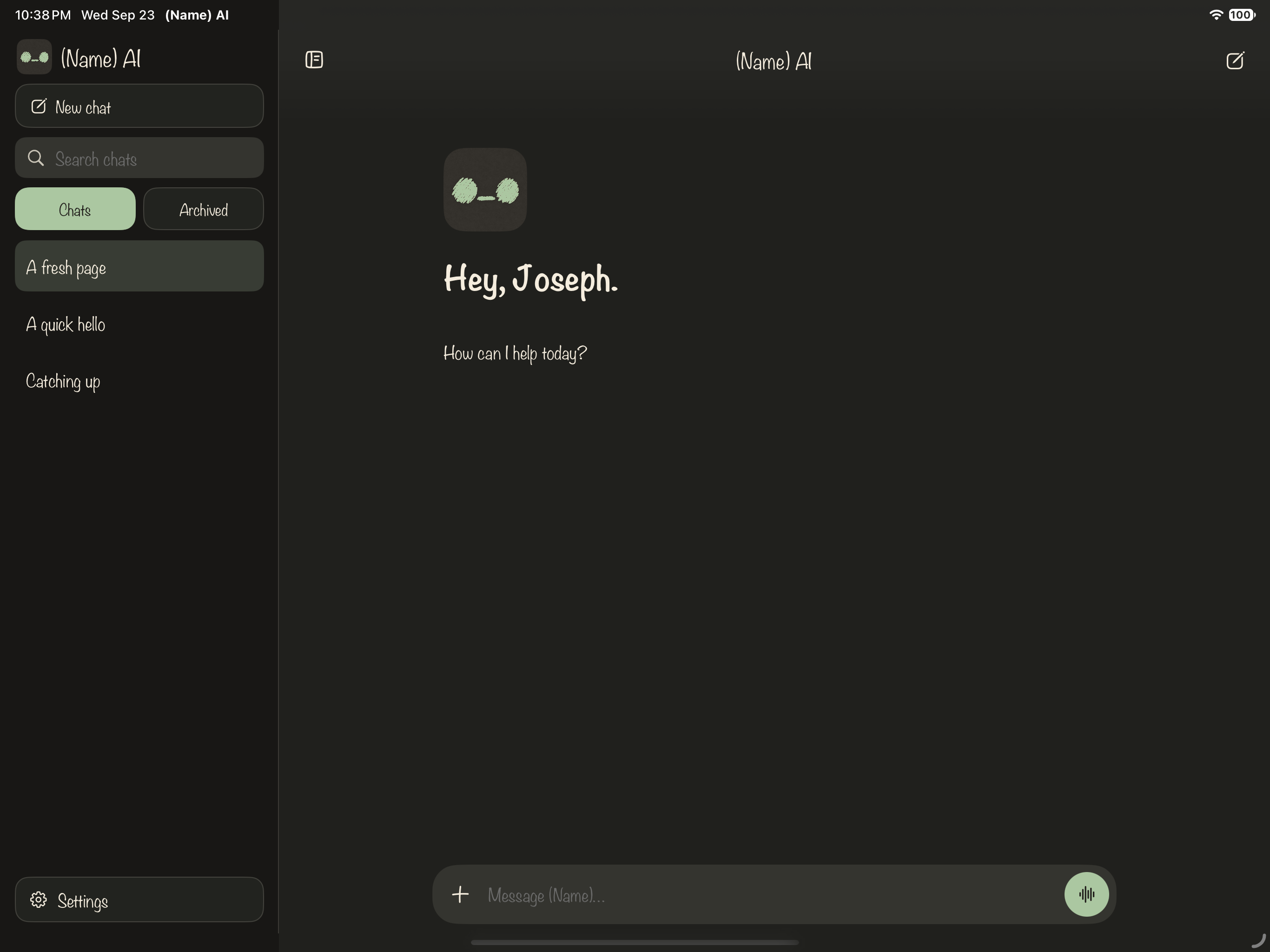 Name AI on iPad with a Sage accent, conversation sidebar and new chat greeting