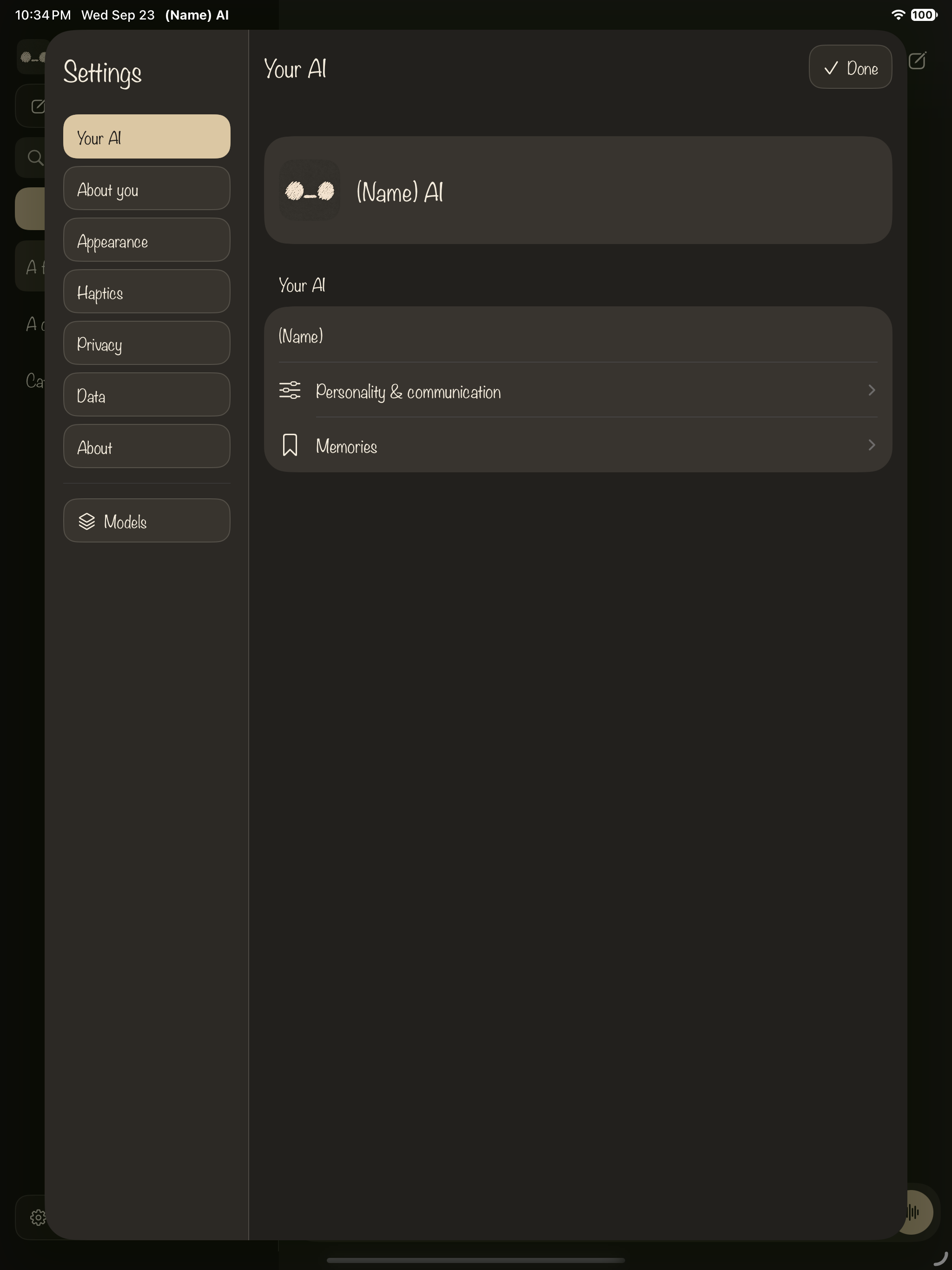 iPad Settings categories alongside personality and memory controls