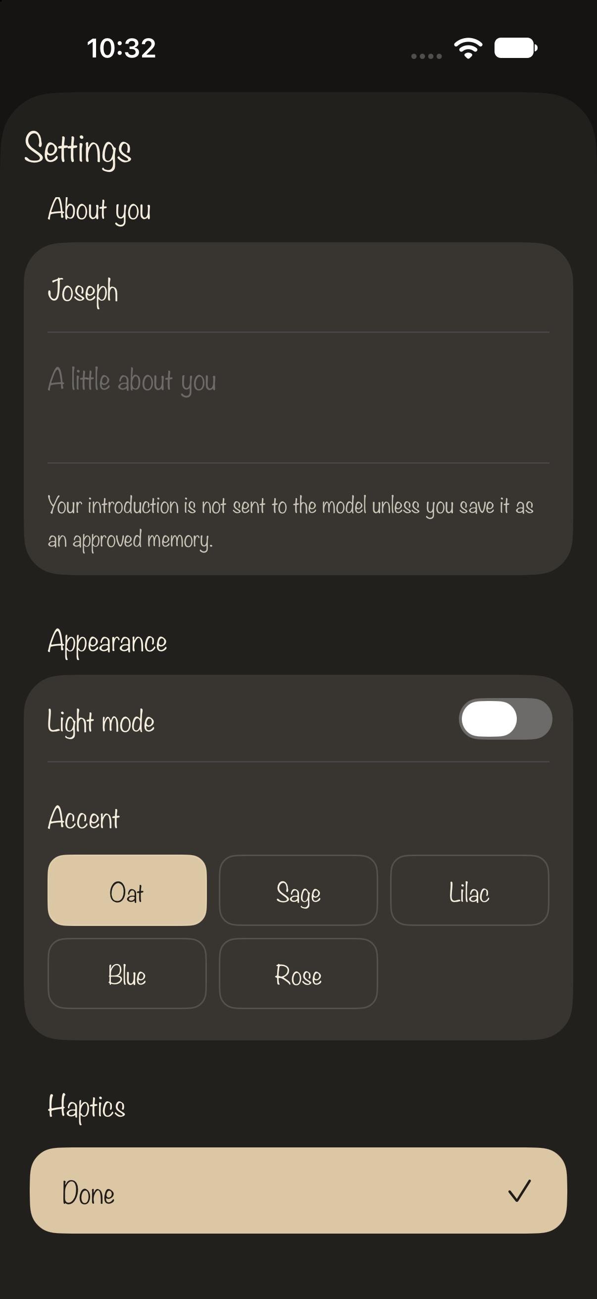 Light mode toggle and five accent choices: Oat, Sage, Lilac, Blue and Rose