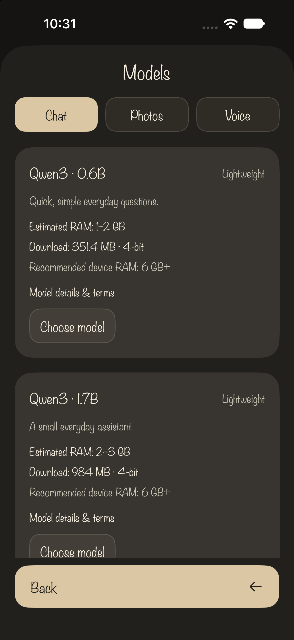 Lightweight Qwen model card with memory estimate, download size and Choose model