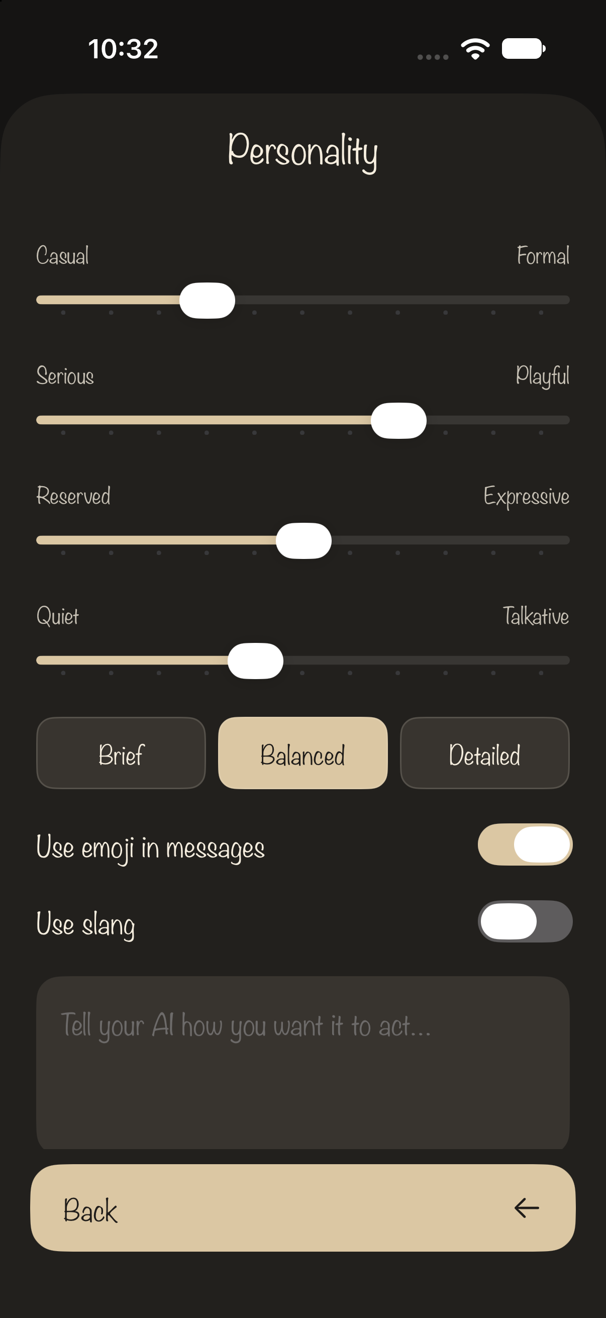 Actual personality sliders for tone, playfulness and reply length
