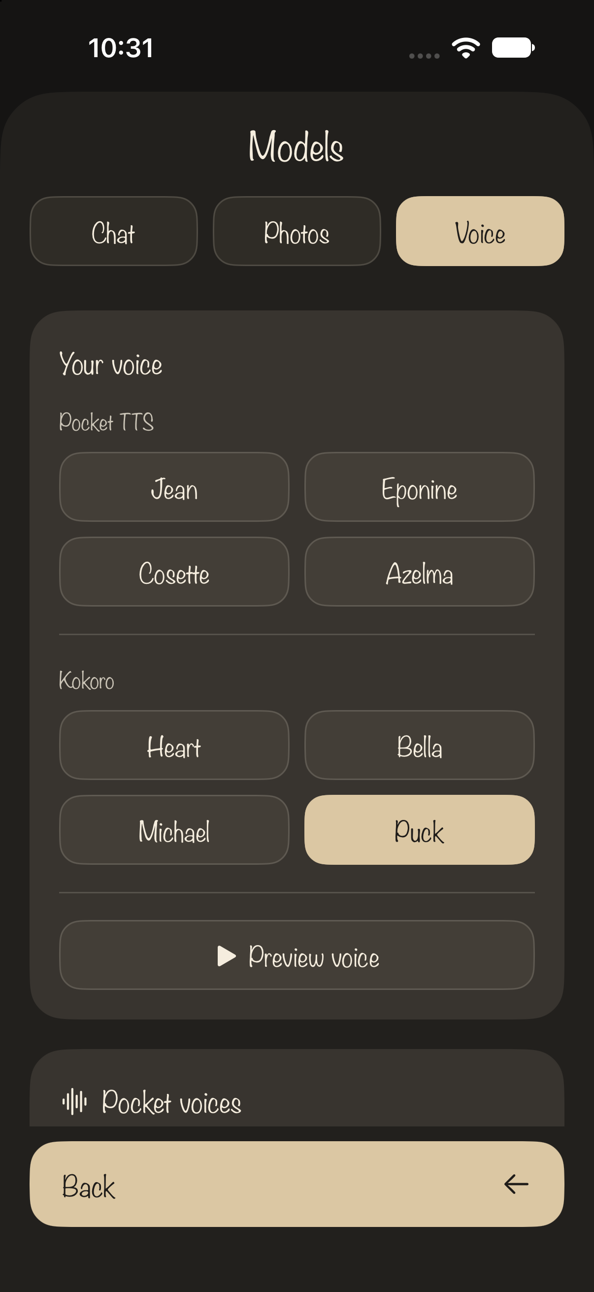 Actual voice choices in Settings and the full-width Preview voice button